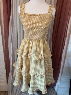 Altar'd State Yellow Gingham Smocked Tiered Midi Dress